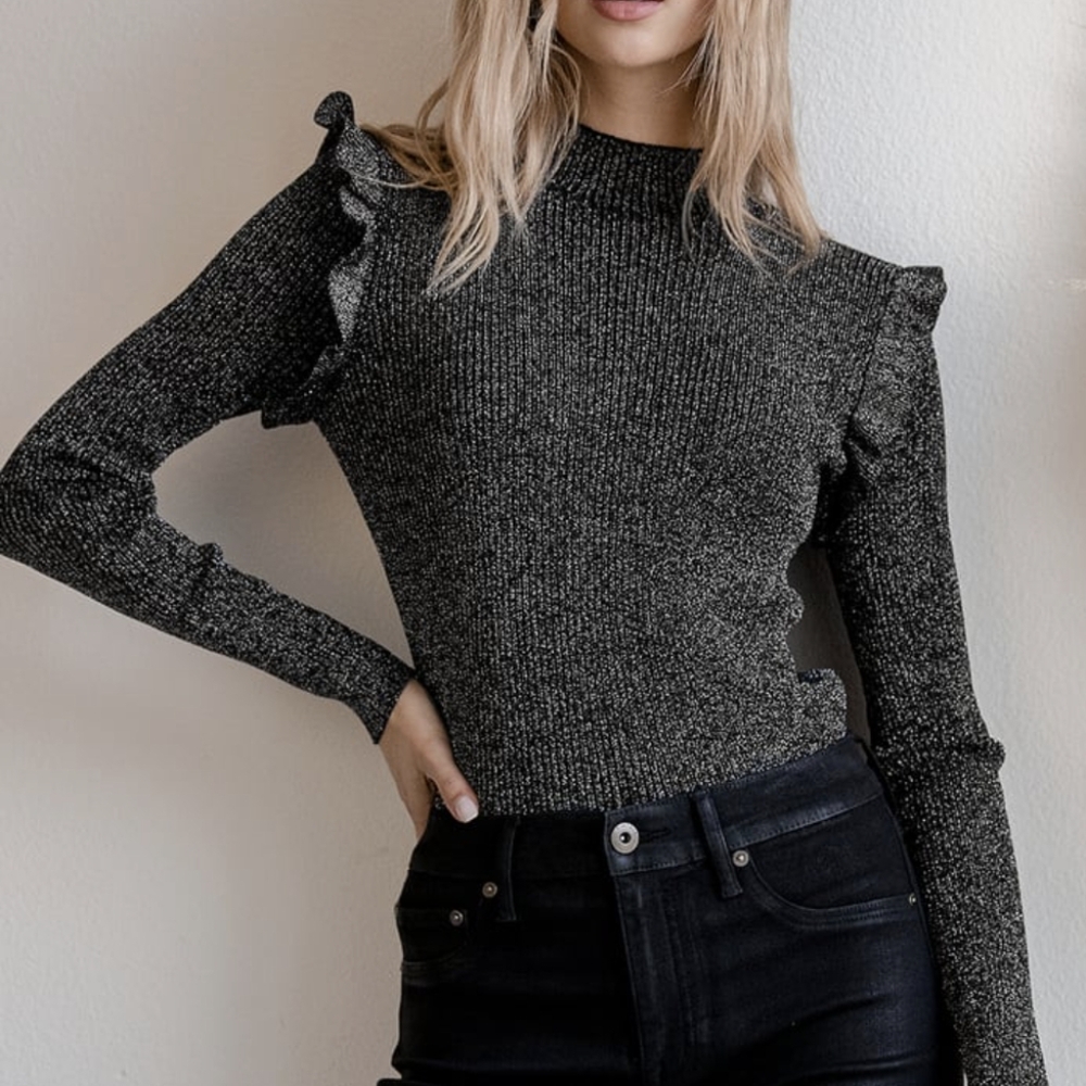 Melora Black Metallic Ribbed Knit Ruffled Long Sleeve Sweater